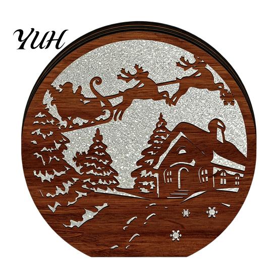 Festive Home Decor 3D Wooden LED Christmas Night Light, Hollow Carved Tabletop Seasonal with Warm Glow, Holiday And Office Decoration Light Lamp