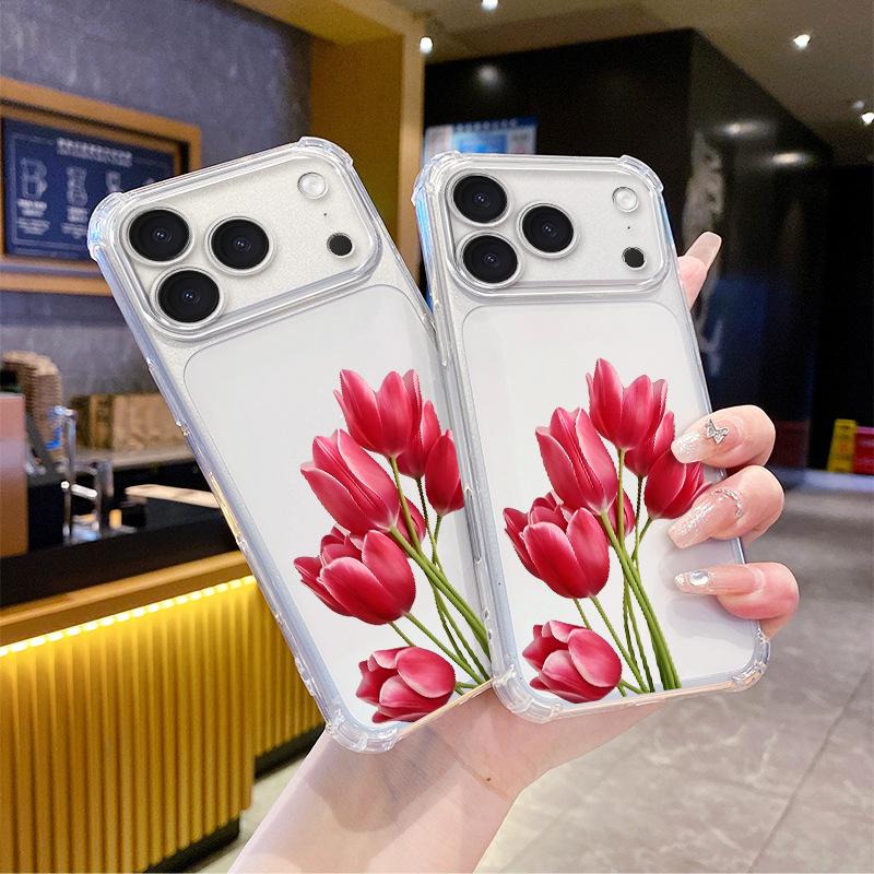 Factory Ins Wind Red Tulip UV Painted Mobile Phone Case Apple 16promax Four Corners Anti-drop Protective Case