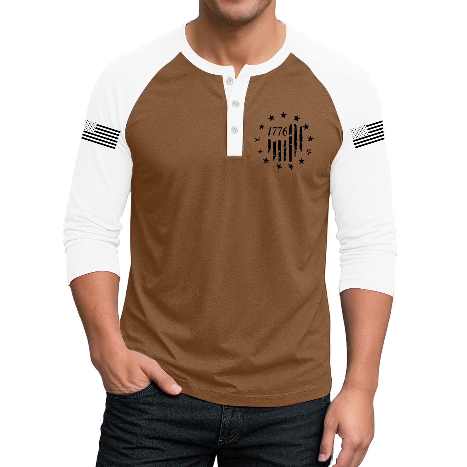 

Men Henley Neck Raglan Sleeve Seven Quarter Sleeve Shirt with Independence Day Print Casual Loose Fit Top for Everyday Wear L кофейный