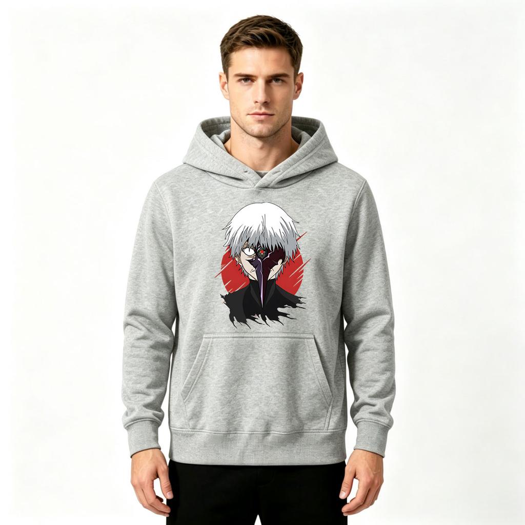 Herren Anime Print Pullover Hoodie Lässig Weißhaariger Ghul Charakter Langarm Sweatshirt