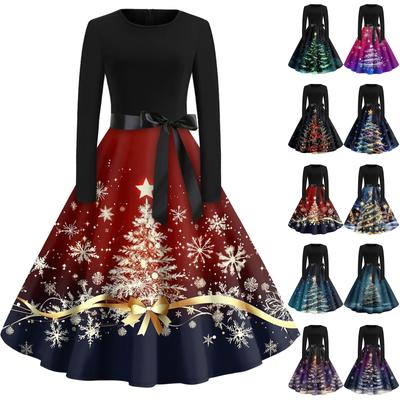 Women's Vintage Classic Dress Long Sleeve Christmas Print Round Neck Swing Dress