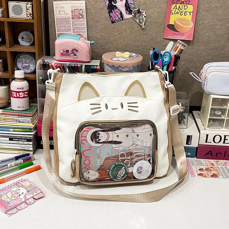 Y2K Cute Cat Ita Shoulder Bag Large Capacity Women Casual Crossbody Bag Kawaii Girl Transparent Pocket DIY Display Nylon Handbag