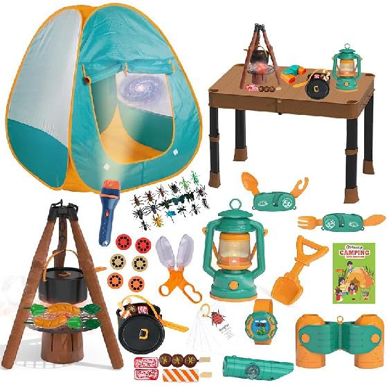 Kids Camping Set 50pcs with Tent & Space Projector Flashlight- Outdoor Campfire Toy Set for Toddlers Kids - Pretend Play Camp Gear Tools for Birthday