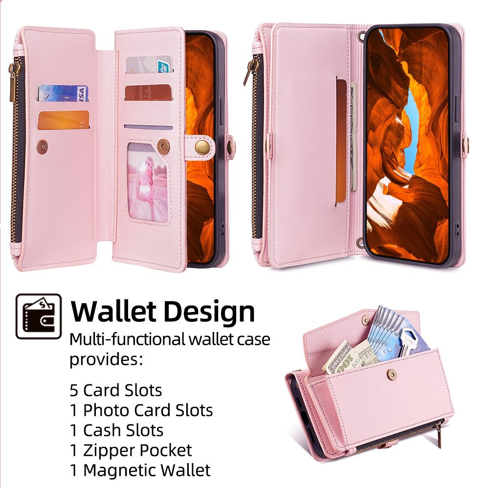 For TCL 505 Case Card Holder Zipper Wallet Folding Stand Leather Phone Cover with 2 Straps