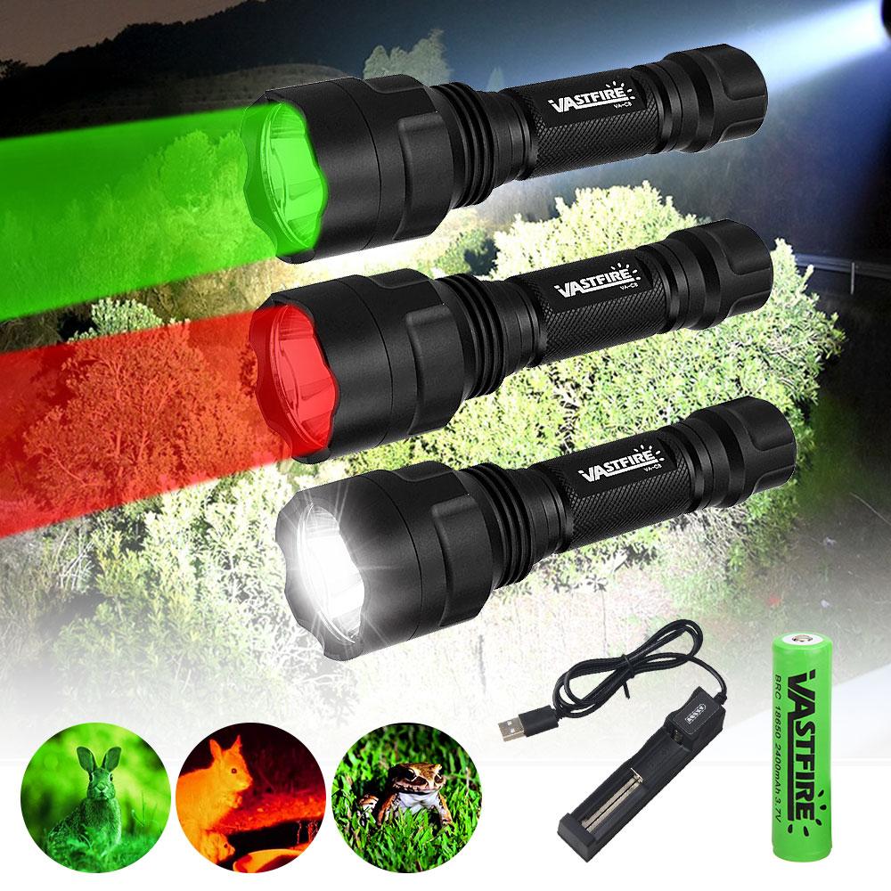 Vastfire C8 Tactical Hunting Flashlight Powerful Green/Red LED Airsoft Rifle Scope Scout Torch Lamp+Mount+switch+18650+Charger