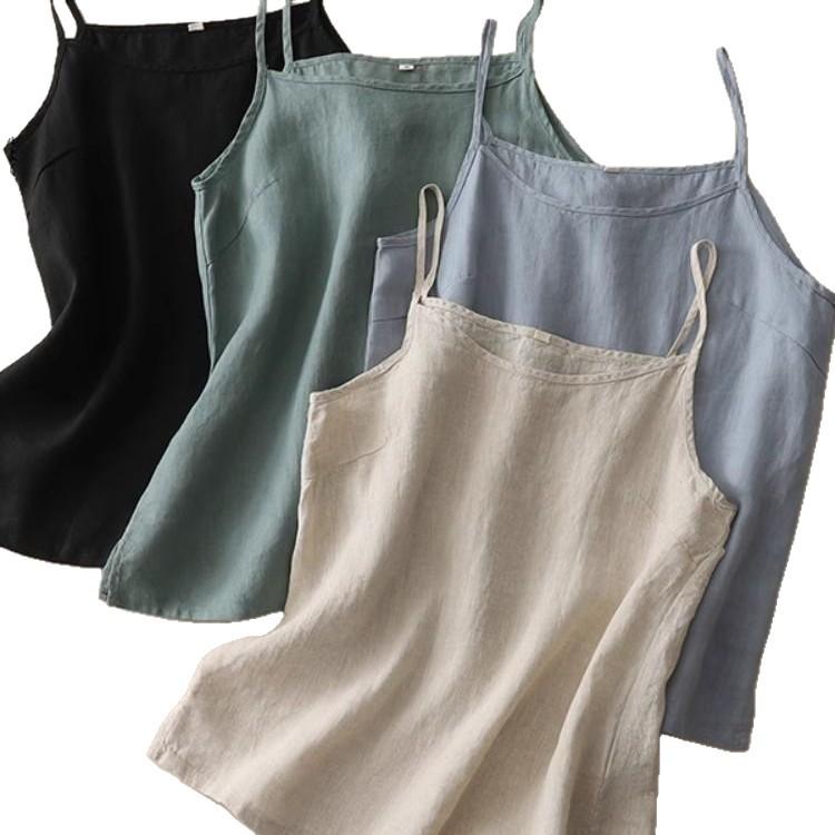 Plus Size Women's Cotton Linen Spaghetti Strap Tank Top: Lightweight Sleeveless Summer Outerwear & Base Layer