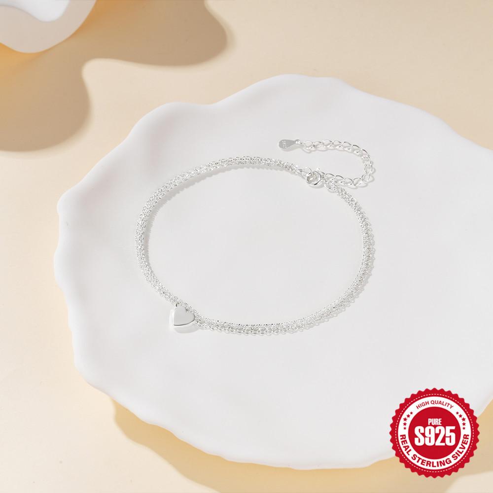 Fashion Summer S925 Sterling Silver Double-Layer Adjustable Heart-Shaped Love Bright Silver Pendant Anklet