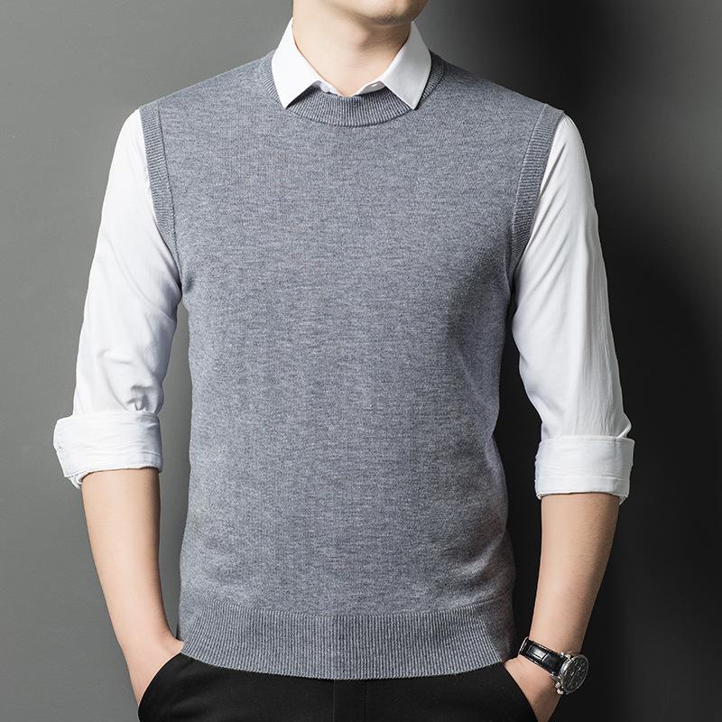 Men's V-Neck Wool Knit Vest - Autumn/Winter Solid Color, Middle-Aged & Elderly Style