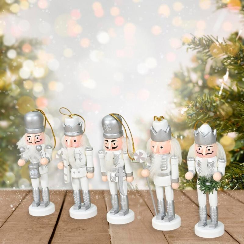 Pack of 5 Miniature Silver Nutcrackers Figurine Charm Accessories Wood Hanging Pendant Holiday Decoration Supplies
