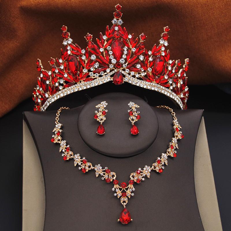 3 Pcs Princess Wedding Crown Jewelry Sets and Tiaras Green Pink Bride Necklace Earrings Set Girls Prom Birthday Accessory
