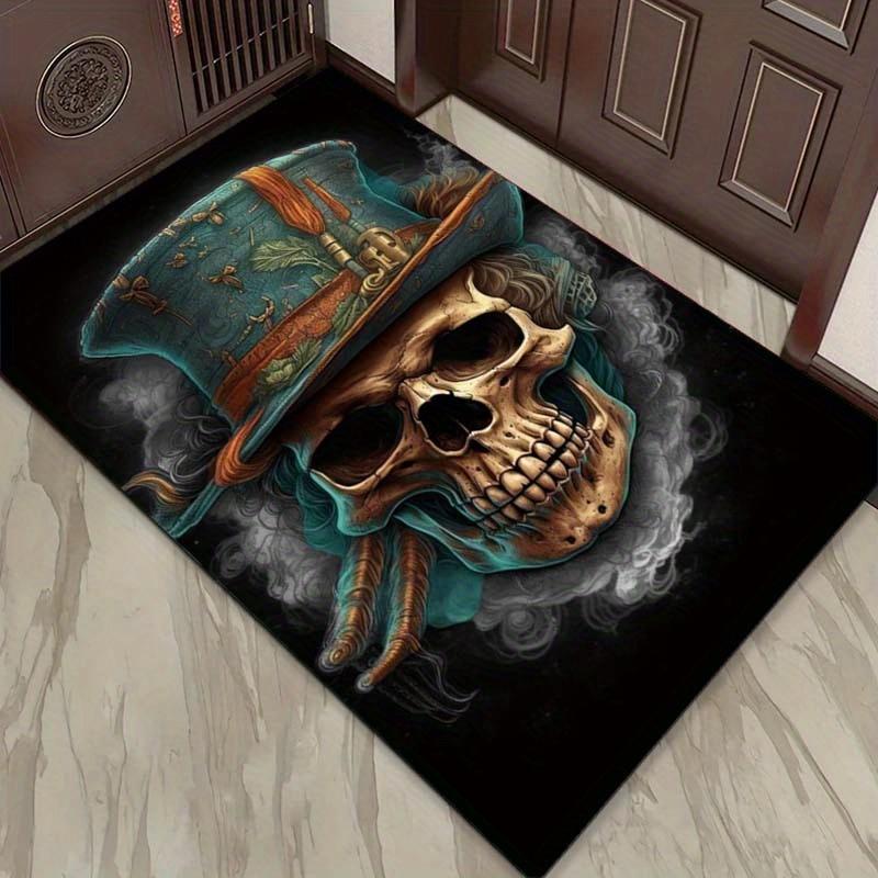 Elegant Gothic Skull Rug withTopHat for LivingRoom Decor UniqueHalloween Home Accessories Anti slip carpet can be machine washed