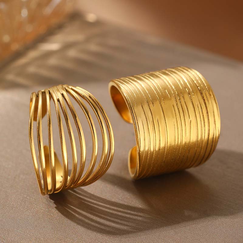 Stainless Steel Metal Hollow Line Texture Open Rings For Women Minimalist Gold Color Irregular Geometric Adjustable Ring Jewelry