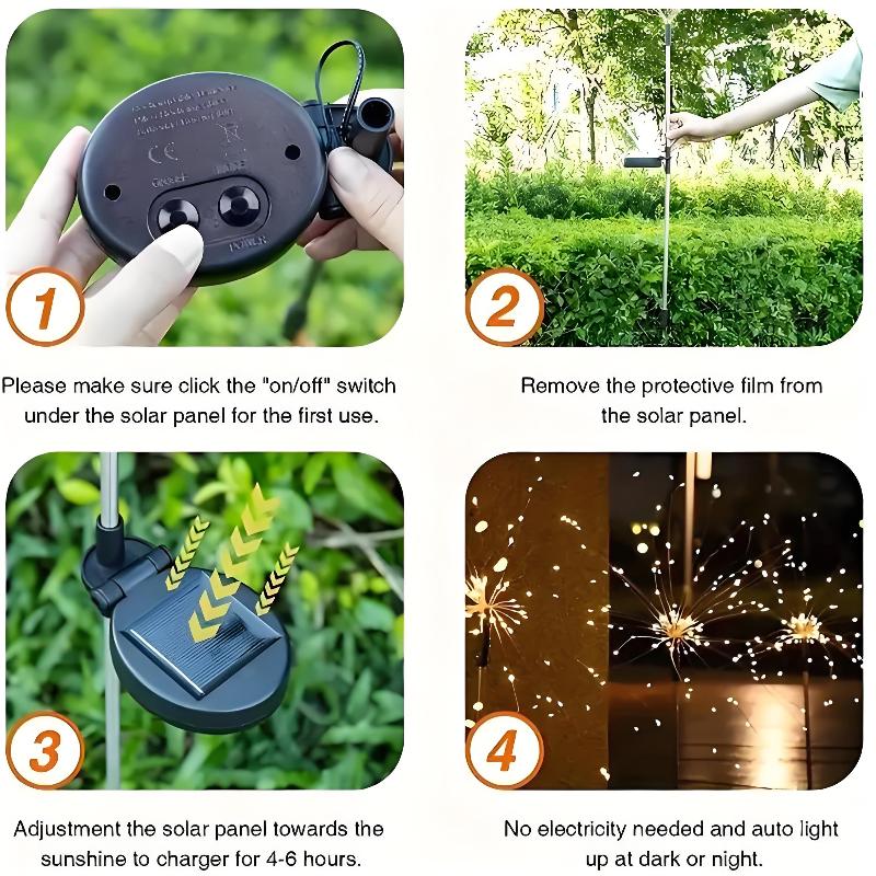 [Kaufe 1, erhalte 4] Solare Feuerwerksleuchten für den Außenbereich, wasserdicht, mit 8 Beleuchtungsmodi, Weihnachts-Hof-Festival-Party-Licht