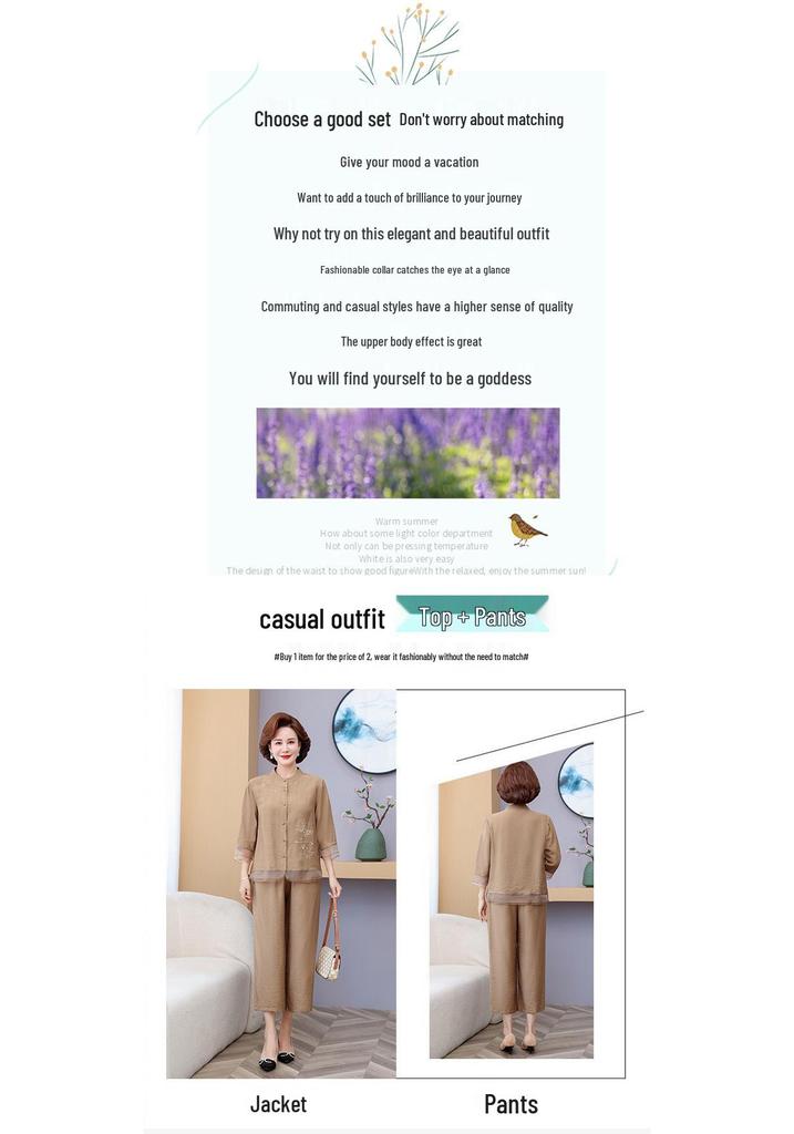 Elegant Retro Chinese Summer Outfit: Wide-Legged Cardigan Two-Piece Set for Flattering Style in Middle-Aged and Elderly Women.