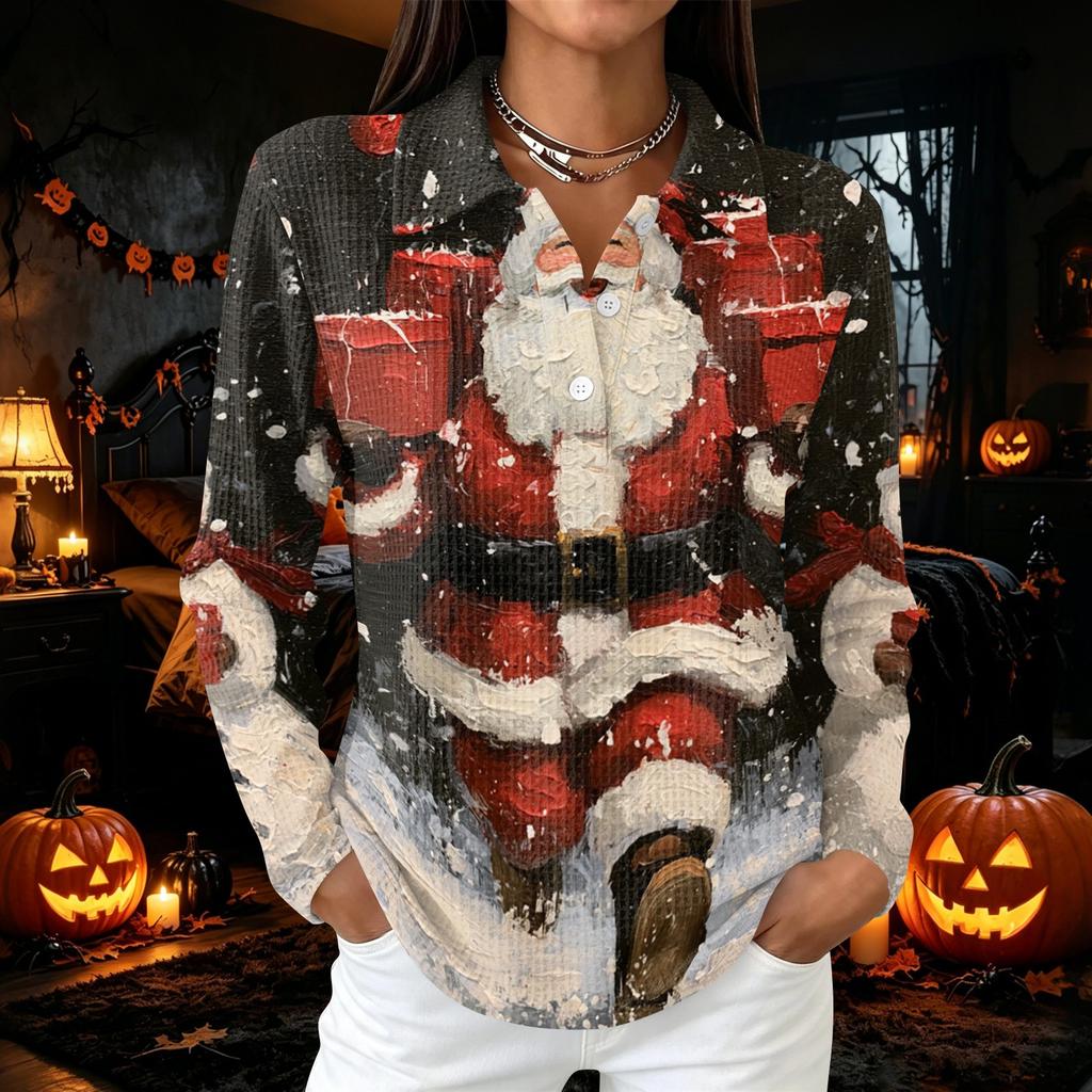 Women's Casual Christmas Print Button Down Long Sleeve Collared Blouse Top with Side Slits