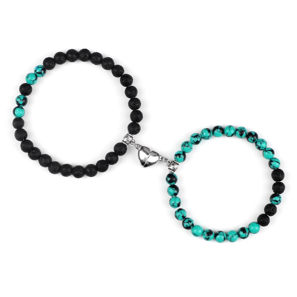 2Pcs/Set Couple Magnet Heart Shape Pendant Bracelets 6MM Malachite Tiger Eye Bangles Love Relationship Pulsera Jewelry Gift New