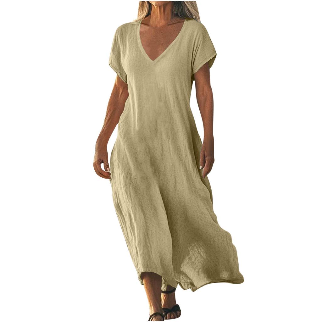 QICED Fashion Summer Spring Solid Color Print Short Sleeve V-Neck Casual Dresses