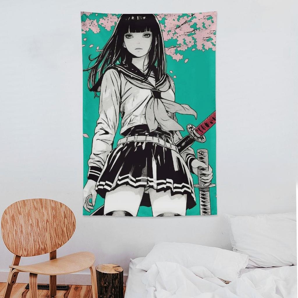 VIKAMA Samurai Japanese Anime Girl Tapestry Aesthetic Wall Decoration for Living Room and Bedroom Wall Hanging Home Decoration