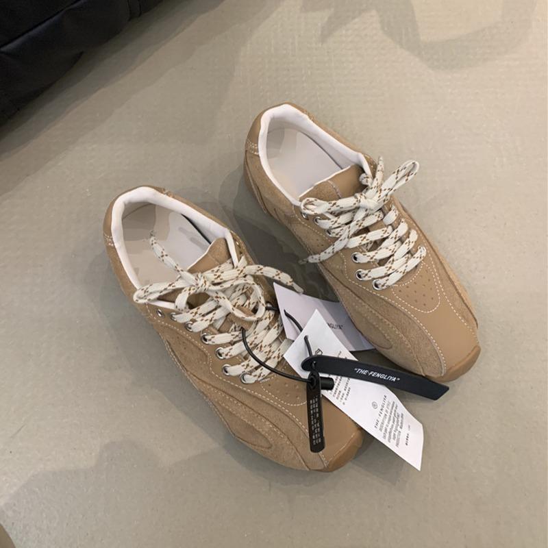 Cowhide version~ retro casual shoes color matching lace-up flat-bottom sports shoes women's versatile running tide