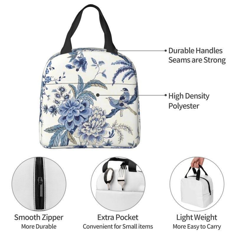 Chinoiserie Insulated Lunch Bag Blue and White Outdoor Bule Birds Flowers Reusable Waterproof Thermal Bento Bag for Work School