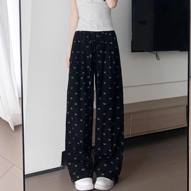 

Женские брюки с эластичной талией, напечатанные на завязках, прямые повседневные брюки с драпировкой, длинные брюки 2XL чёрный