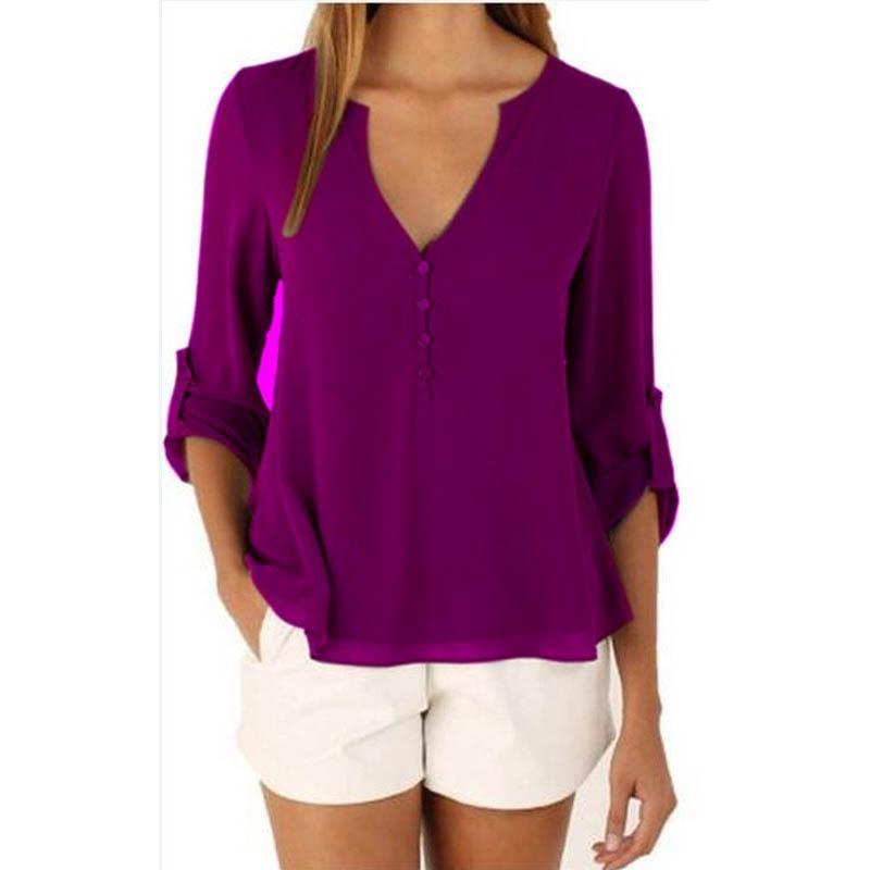 Women's V-Neck Blouse Plus Size Chiffon Shirt Long Sleeve Rollable Sleeve Loose Tops Casual T-shirt