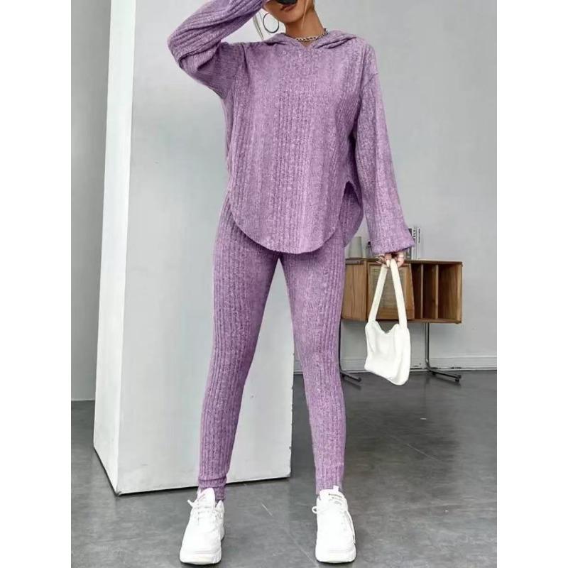 Autumn and Winter Women's Loose Hooded Long Sleeved Casual Pants with Threaded Groove Strip Set