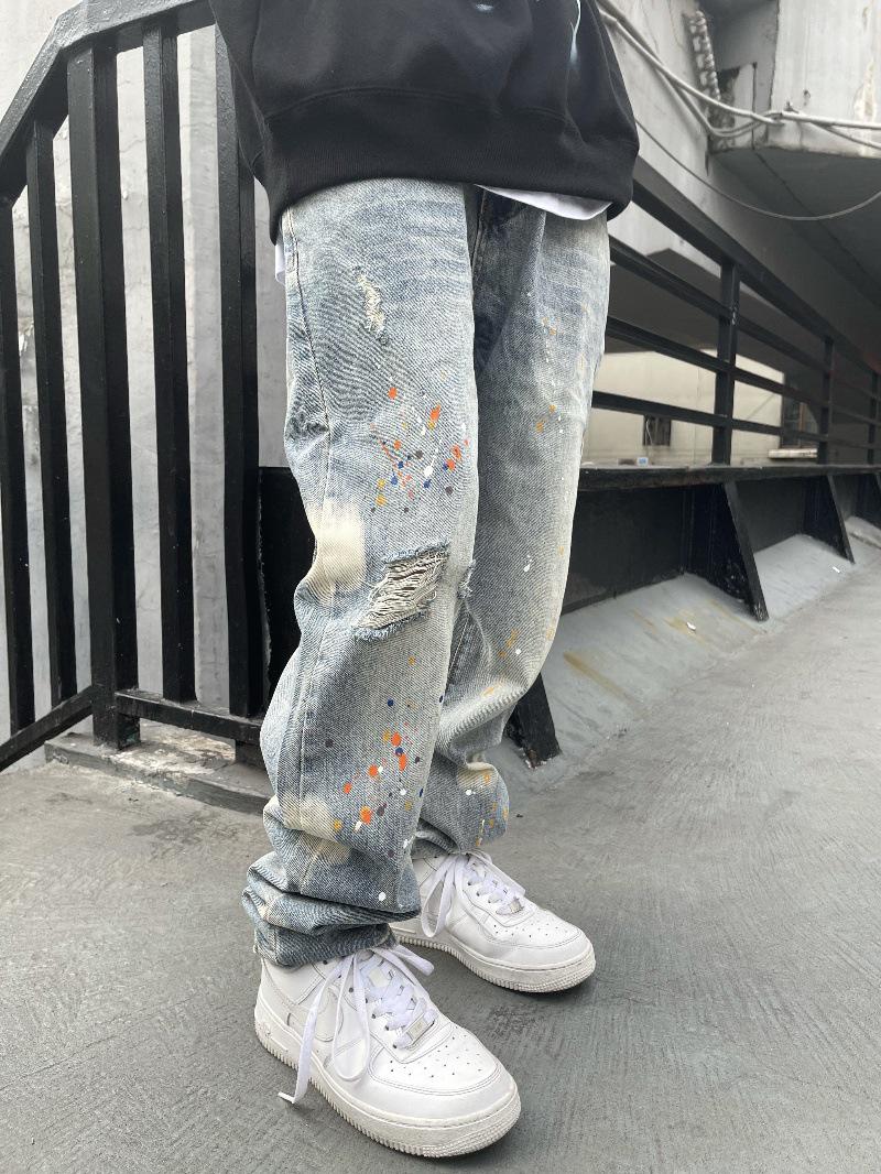 

2024 Мужские ретро-американские уличные хип-хоп граффити рваные прямые джинсы Small синий