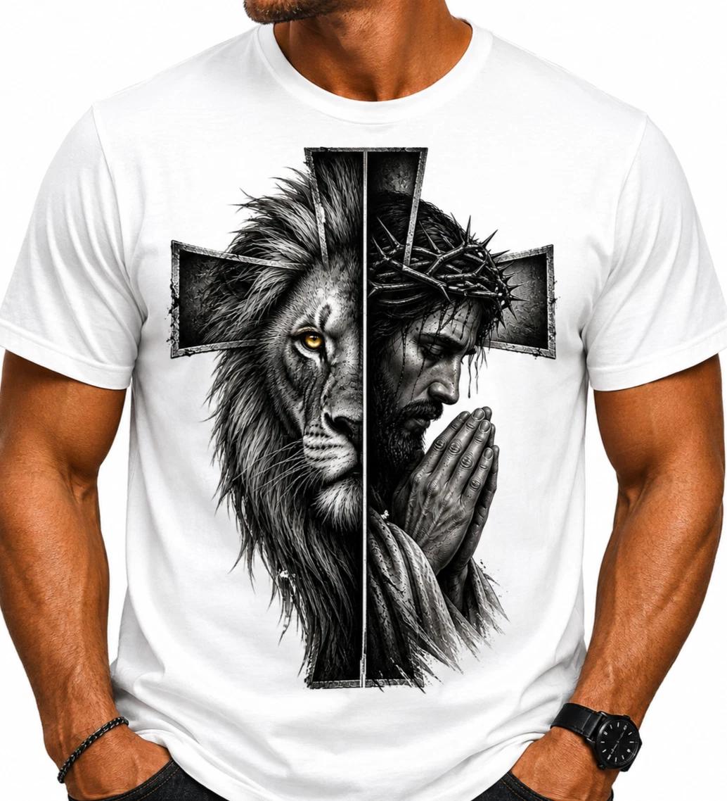 Lion of Judah and Jesus Crown of Thorns Graphic Tee - Christian Faith Tee Shirt 3XL