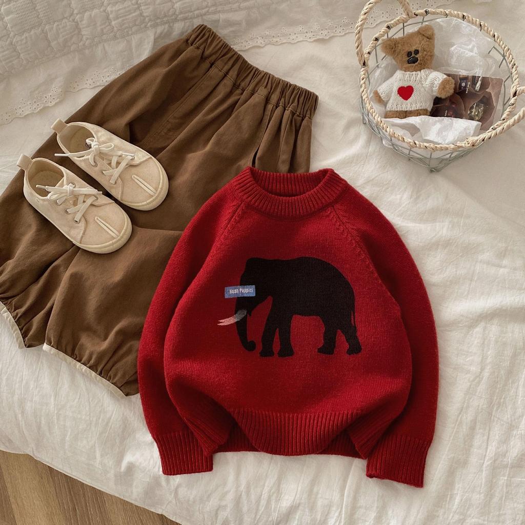 2025 Autumn/Winter Kids' Thick Pullover Sweater with Large Elephant Print