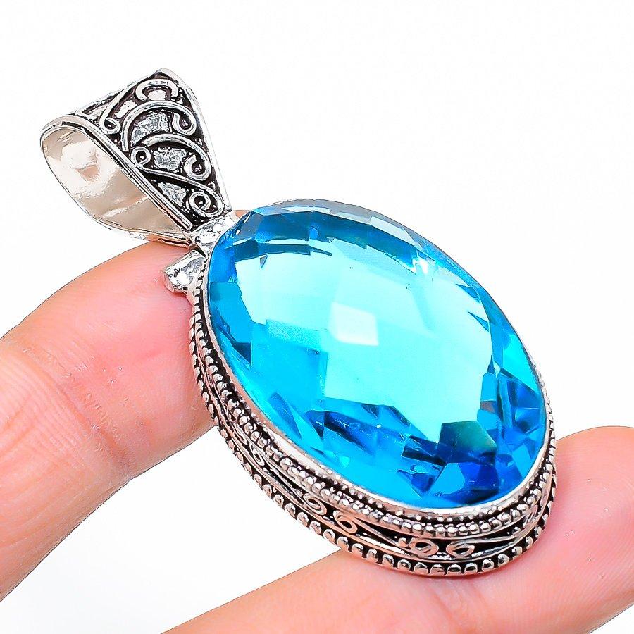

Vintage Swiss Blue Topaz Gemstone Handmade Ethnic Jewelry Pendant 2.25 VR-3504