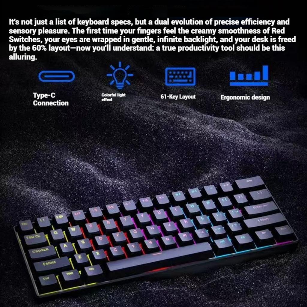 2025 New Mini 60% Gaming Keyboard, RGB Backlit 61 Key Ultra-Compact Keyboard,  Ergonomic Waterproof Mechanical Feeling Office