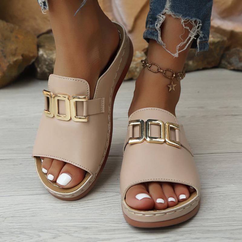 Women's Wide Width Solid Color Slides, Round Toe Chain Detail Mules, European Casual Sandals for Women
