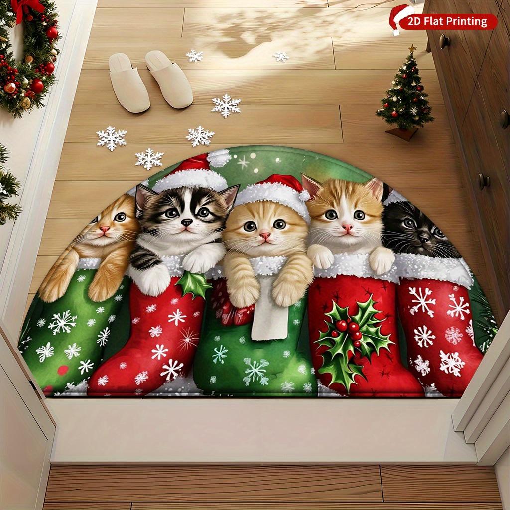 1Pcs Cute Christmas Cat Semi Circle Welcome Doormat Non-Slip for Outdoor Patio Porch Kitchen Bathroom Entryway Floor Mat