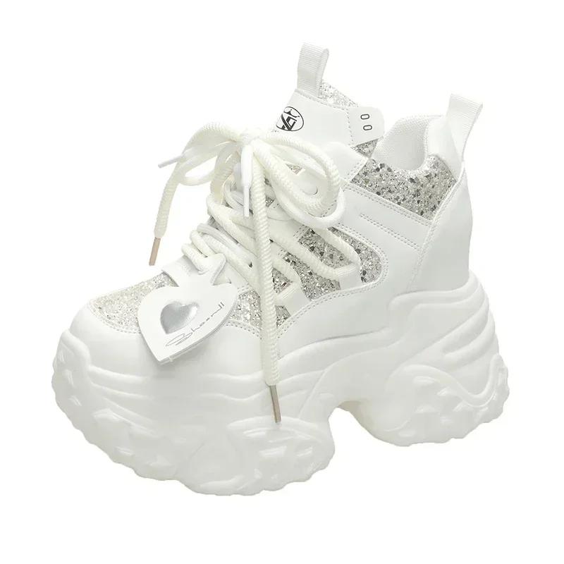 7CM Women Casual Platform Sneakers High Heels New Spring Sports Leather Shoes Bling Trainers Chunky Sneakers Zapatos Mujer