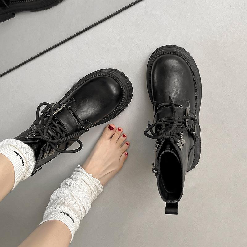 Cowhide~ British Martin boots autumn and winter new polished thick-soled lace-up tooling belt buckle short boots women's locomotive boots