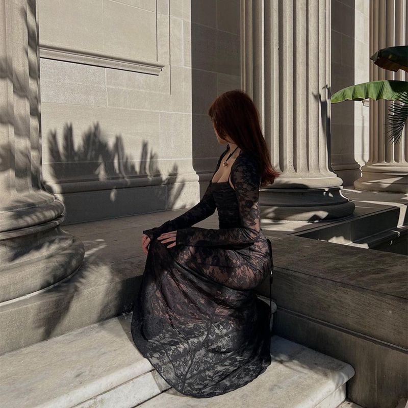 

Модное платье в стиле ретро с квадратным вырезом, кружевом и длинными рукавами, женское Xiacnee, желаете сексуальное, стройнящее, с темпераментом, длинное платье