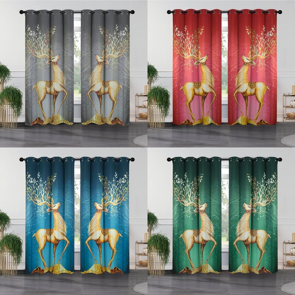 Elk Curtain Symbol Fortune Lucky Digital Print 3D Curtain Living Room Window Kitchen Curtain Bathroom Curtain Grommet Top 2PCS