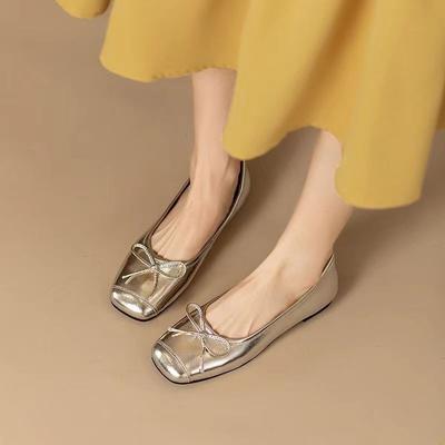 Spring and Autumn New Square Head Light Mouth Wide Foot Bow Rubber Sole Large Size Versatile Doudou Silver Mary Jane Shoes