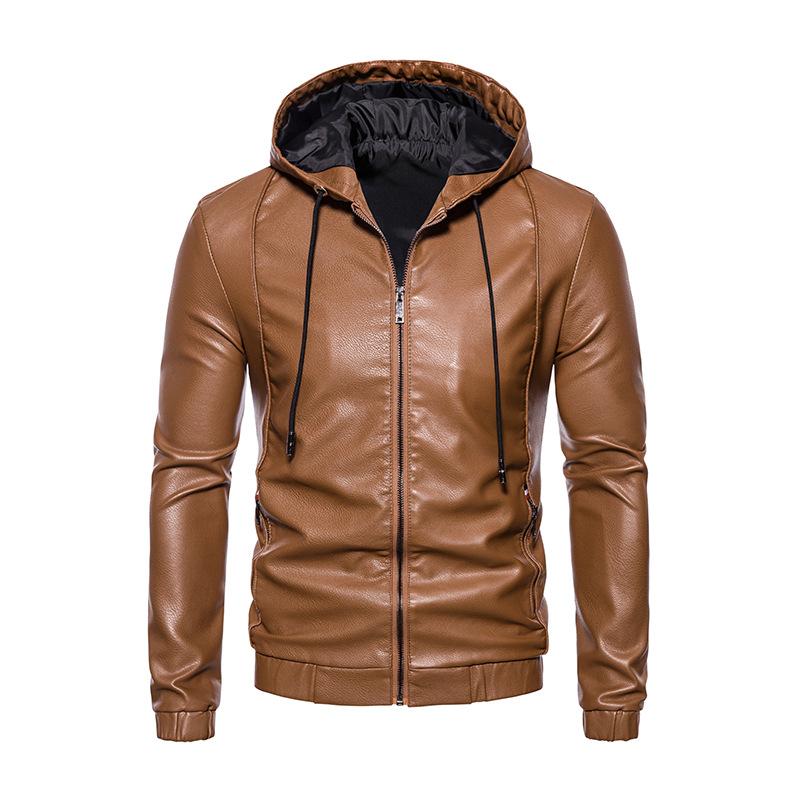 Herrskinnjacka PU-läderjacka Herrhuva Slim Fit Koreansk Stil Motorcykel Casual Jacka