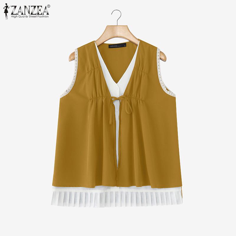 ZANZEA Women V Neck Sleeveless Fake Two-piece Buttons Up Pleated Casual Tank Tops