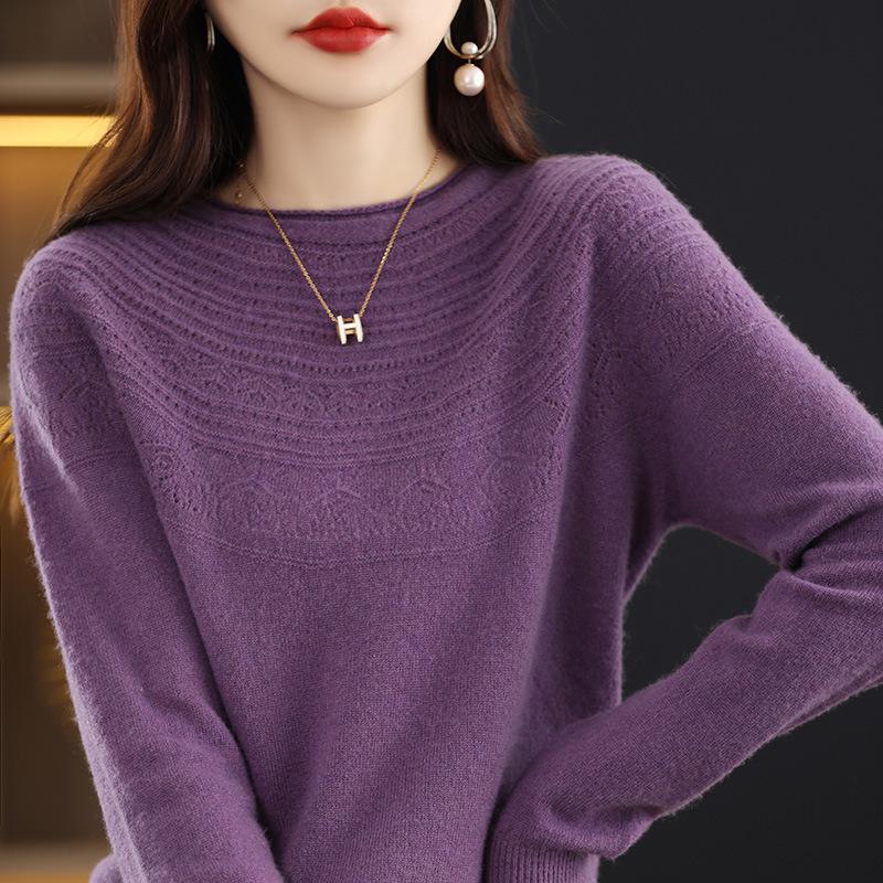 Women's Wool Sweater: Autumn & Winter Loose Knit, Half-High Collar, Hollow-Out Design, Rolled Hem.