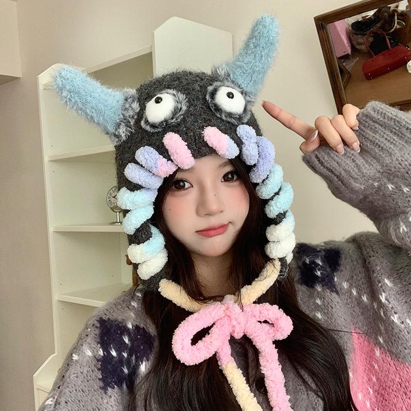 Cute and Funny Little Monster Wool Hat Women's Autumn and Winter Warm Knitted Plush Ear Protector Pullover Hat Shows Small Face