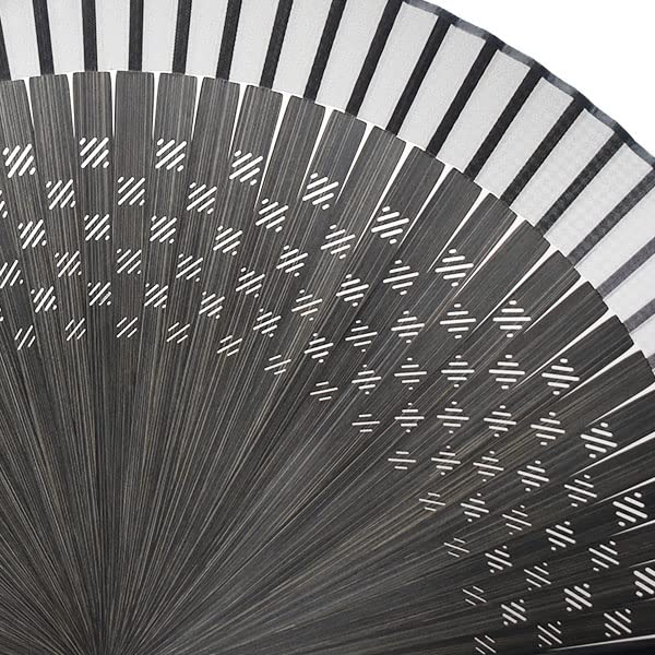 Stylish Kimono Iroha Fabric Folding Fan with Fan Dyed Checkered 22cm Men's Bag, Bone, Pattern, (Black)
