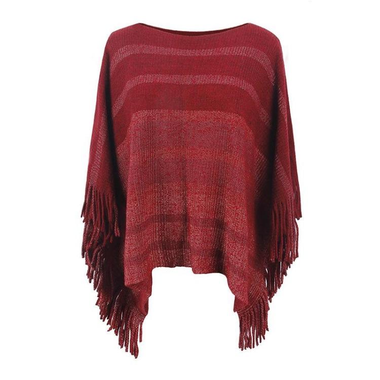 Women Autumn Winter Loose Knitwear Sweater O Neck Bat Sleeve Stripe Cardigan Cross Border Cloak