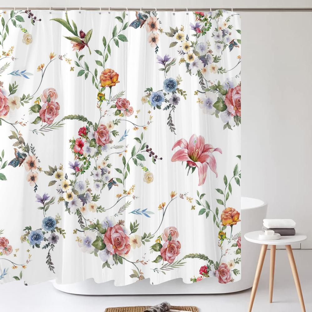 Grüne Pflanze Blatt Blume Duschvorhang, Moderner Nordic Minimalistischer Duschvorhang Polyester Stoff Badezimmervorhang für Badezimmer Dekor