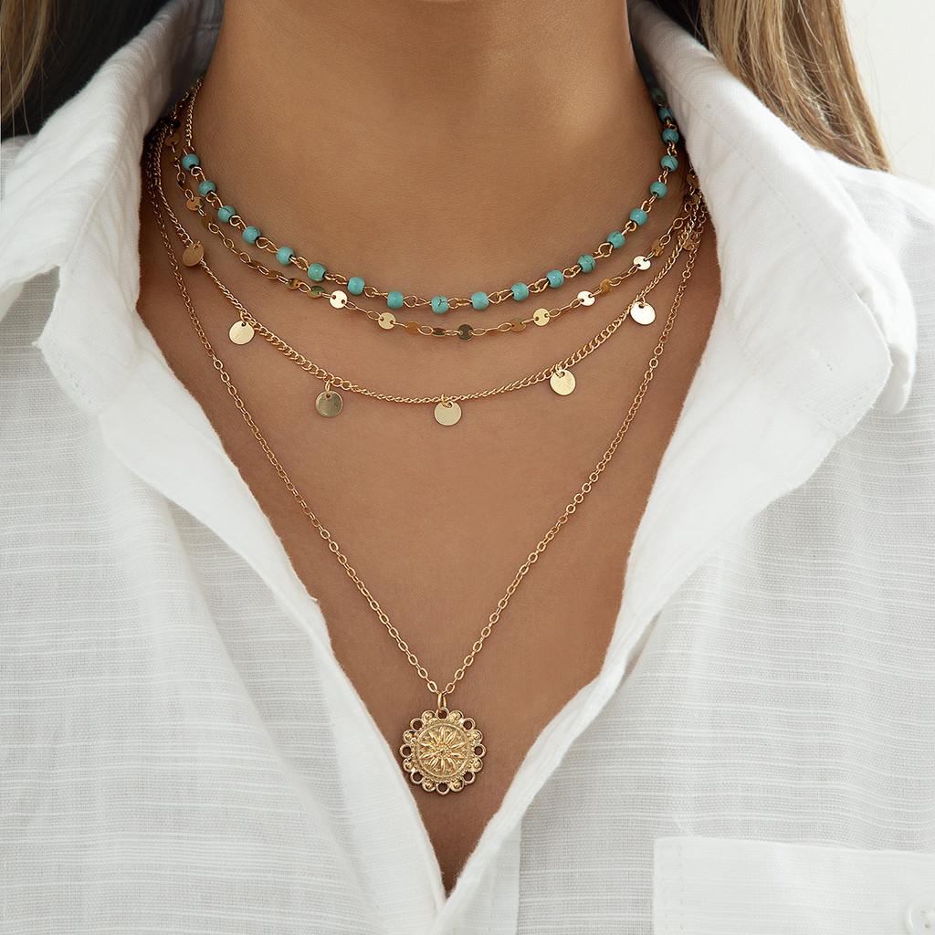 Unique Necklace Multilayered With Alloy Geometric Shapes And Eyecatching Turquoise Beads