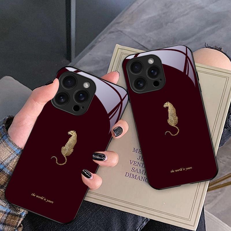 Leopardo rašto grūdinto stiklo juodas telefono dėklas, skirtas iPhone 17 16 15 14 13 12 11 Pro Max 17 Air 7 8 Plus XR XS X, atsparus smūgiams dangtelis