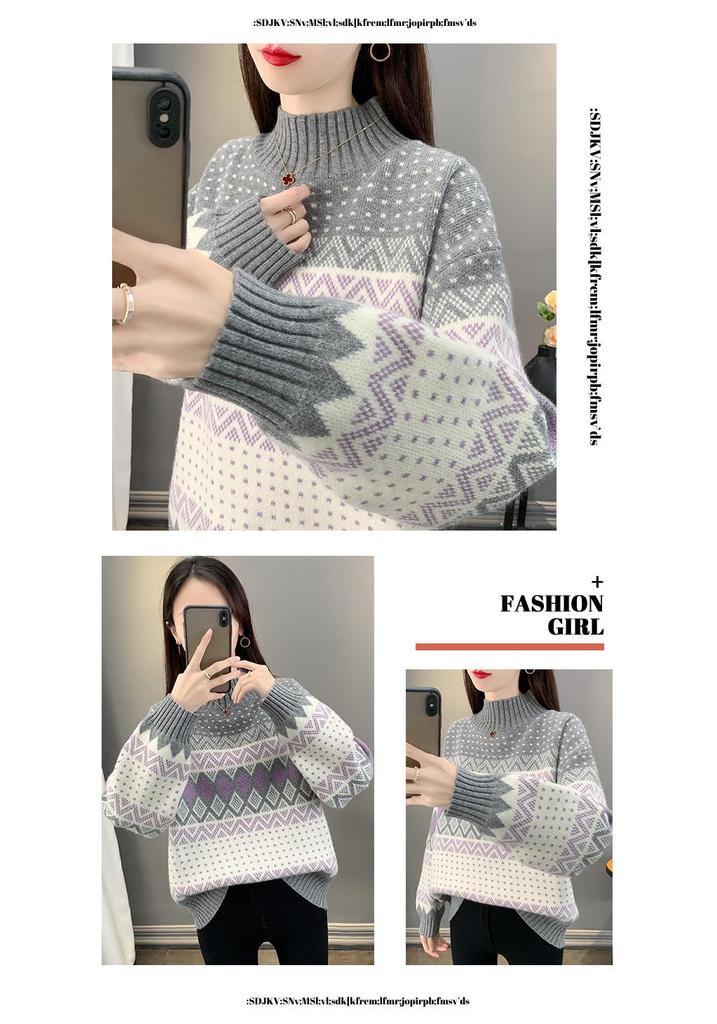 Korean Ethnic Style Jacquard Knit Sweater for Autumn/Winter 2025 - Women's Half-High Collar Loose Fit