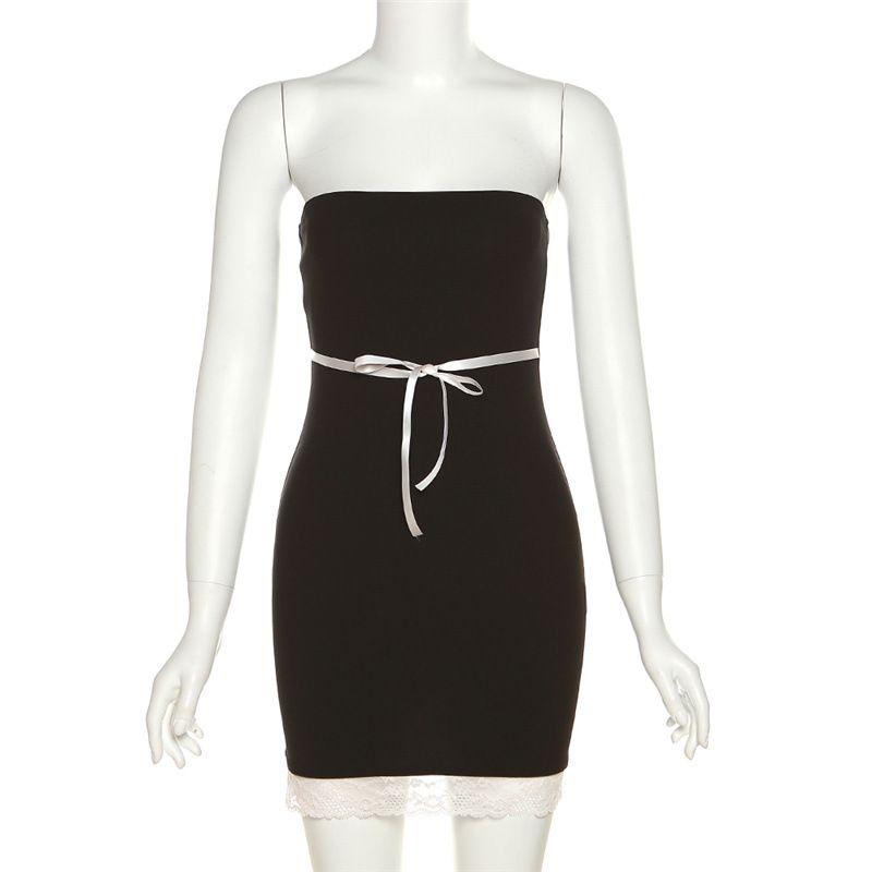 

Elsa Fashion Style Spring/Summer New Arrival Women s Clothing Pure Color Silm Fashion off-Neck Silm Slim Looking Chest-Wrapped Dress Women Black S